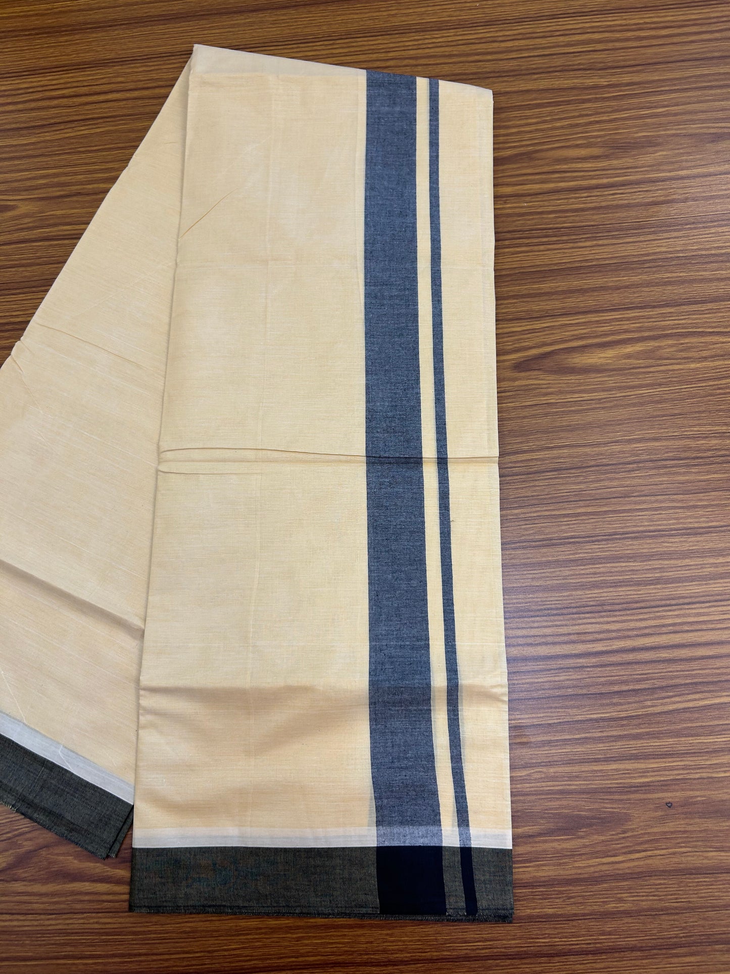Kannur Kavi - 20% Discount! KaithariKada Balaramapuram  Double Mundu/Dhoti - Pure Cotton - 100x80 - Kannur Yellow colour Body 1.75 Inch Black Shaded kara - 4 mtr - (8.5 muzham) - 19 KK5362 GAN