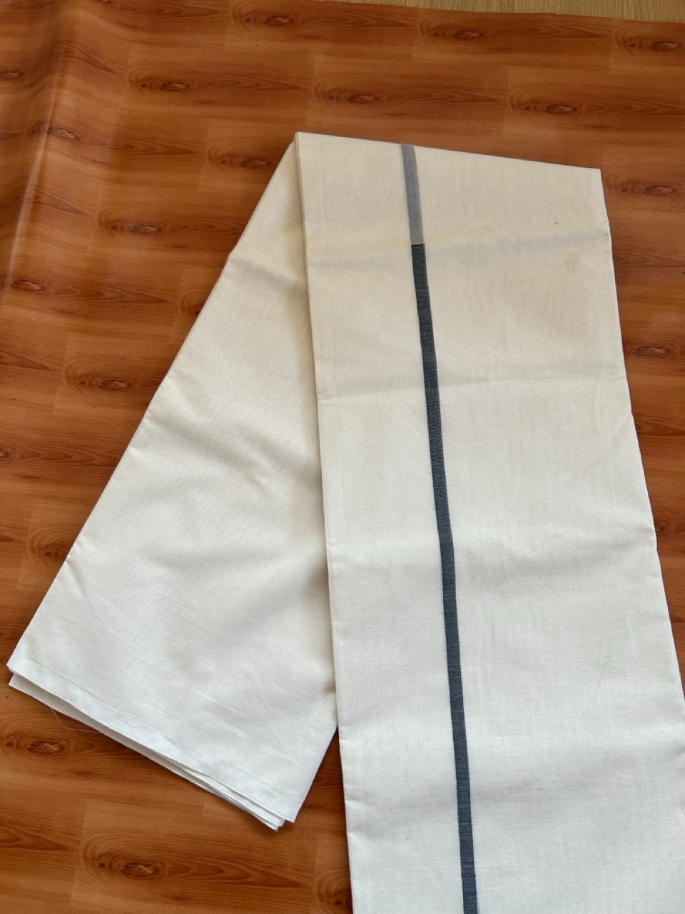 29% Offer! KaithariKada Balaramapuram 100% Cotton  Off White (Unbleached) Double Mundu/Dhoti- 100x100 Black & Ash Half & Half 0.25 Inch  - 2 KK5379 ASH