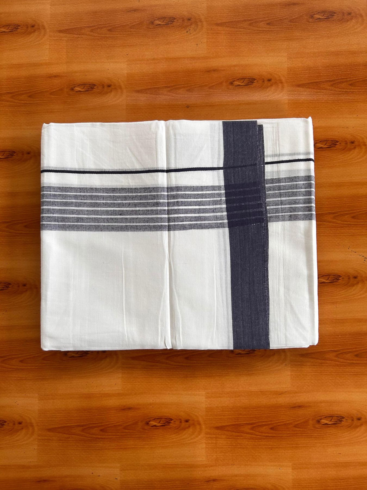 Double Pure White Mundu/Dhoti -20% Discount! KaithariKada 100% Cotton - 100x80 - 1.75 Inch Navy Blue Shaded Striped Kara - 3.80 mtr (8 muzham) - 47 KK5519 PMC