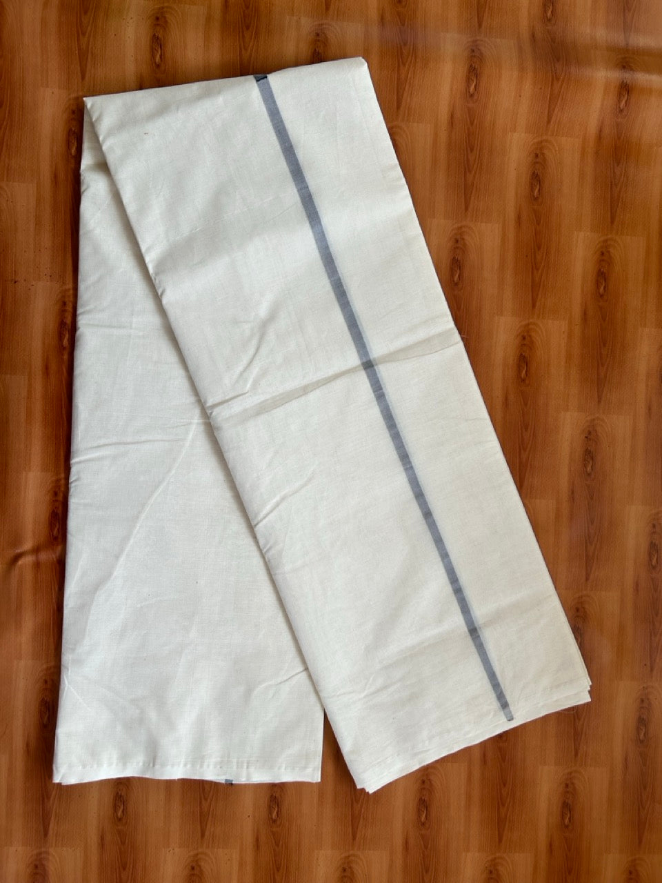 29% Offer! KaithariKada Balaramapuram 100% Cotton  Off White (Unbleached) Double Mundu/Dhoti- 100x100 Black & Ash Half & Half 0.25 Inch  - 2 KK5379 ASH