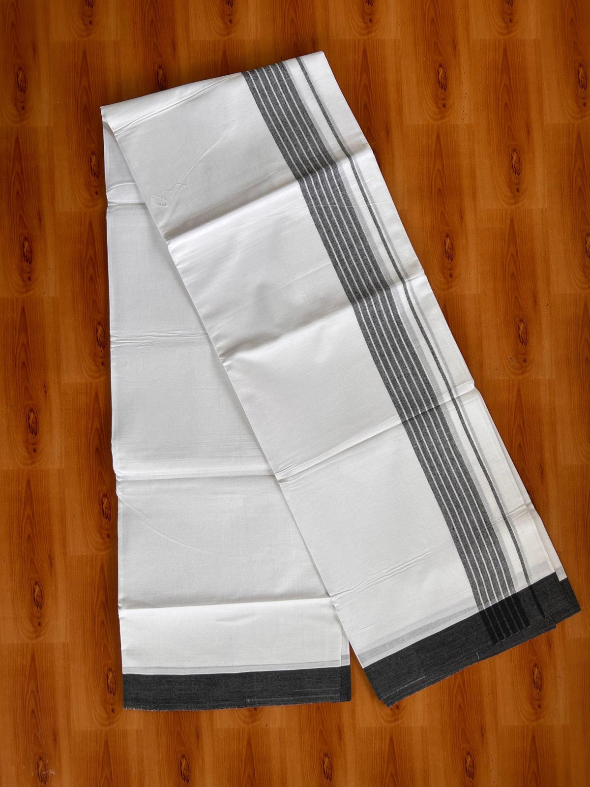 Double Pure White Mundu/Dhoti -20% Discount! KaithariKada 100% Cotton - 100x80 - 1.5 Inch Black Shaded Striped Kara - 3.80 mtr (8 muzham) - 48 KK5519 PMC