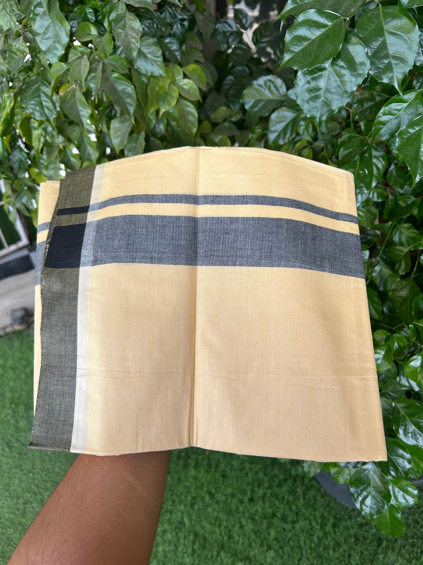 Kannur Kavi - 20% Discount! KaithariKada Balaramapuram  Double Mundu/Dhoti - Pure Cotton - 100x80 - Kannur Yellow colour Body 1.75 Inch Black Shaded kara - 4 mtr - (8.5 muzham) - 19 KK5362 GAN