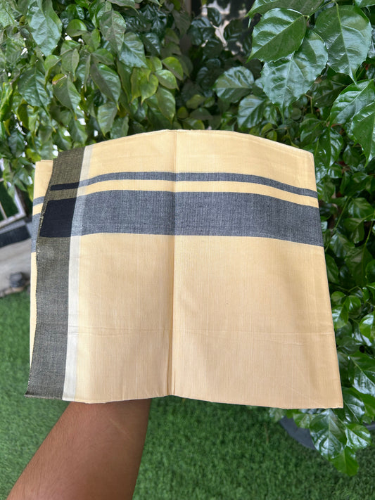 Kannur Kavi - 20% Discount! KaithariKada Balaramapuram  Double Mundu/Dhoti - Pure Cotton - 100x80 - Kannur Yellow colour Body 1.75 Inch Black Shaded kara - 4 mtr - (8.5 muzham) - 19 KK5362 GAN