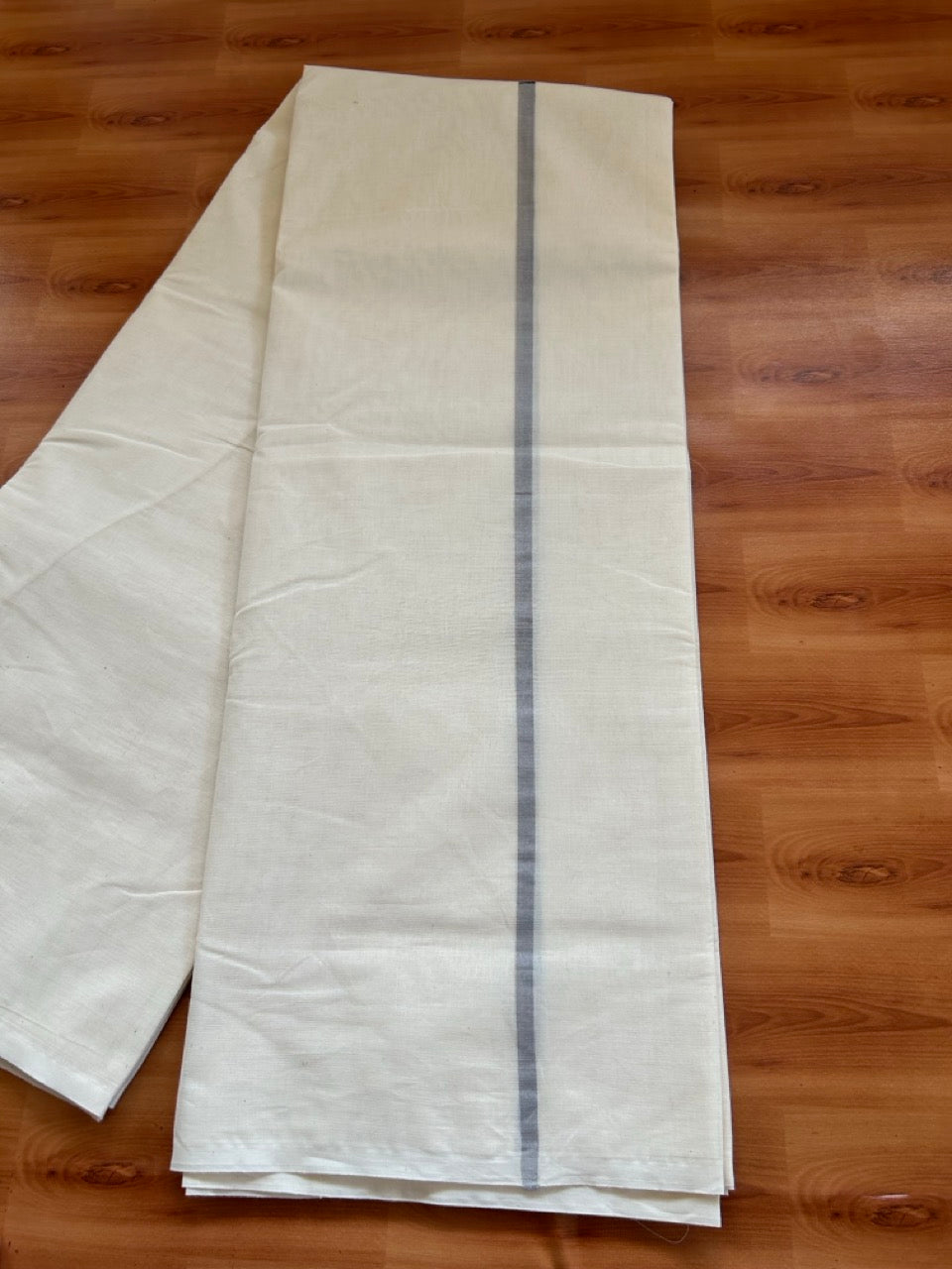 29% Offer! KaithariKada Balaramapuram 100% Cotton  Off White (Unbleached) Double Mundu/Dhoti- 100x100 Black & Ash Half & Half 0.25 Inch  - 2 KK5379 ASH