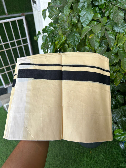 Kannur Kavi - 20% Discount! KaithariKada Balaramapuram  Double Mundu/Dhoti - Pure Cotton - 100x80 - Kannur Yellow colour Body 1 Inch Black kara - 4 mtr - (8.5 muzham) - 18 KK5362 GAN