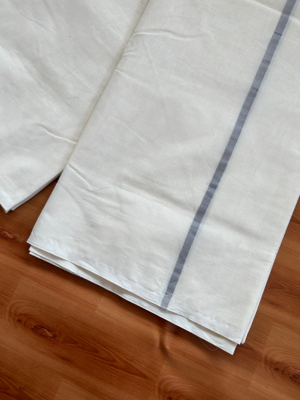 29% Offer! KaithariKada Balaramapuram 100% Cotton  Off White (Unbleached) Double Mundu/Dhoti- 100x100 Black & Ash Half & Half 0.25 Inch  - 2 KK5379 ASH