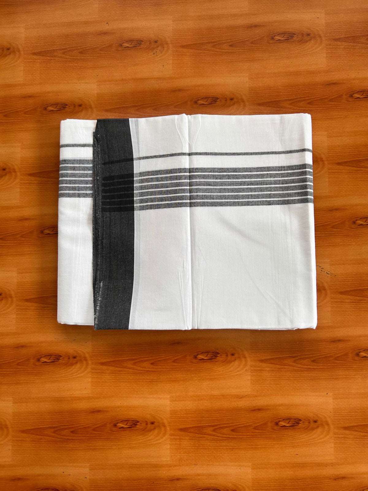 Double Pure White Mundu/Dhoti -20% Discount! KaithariKada 100% Cotton - 100x80 - 1.5 Inch Black Shaded Striped Kara - 3.80 mtr (8 muzham) - 48 KK5519 PMC