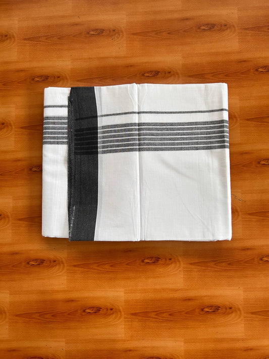 Double Pure White Mundu/Dhoti -20% Discount! KaithariKada 100% Cotton - 100x80 - 1.5 Inch Black Shaded Striped Kara - 3.80 mtr (8 muzham) - 48 KK5519 PMC