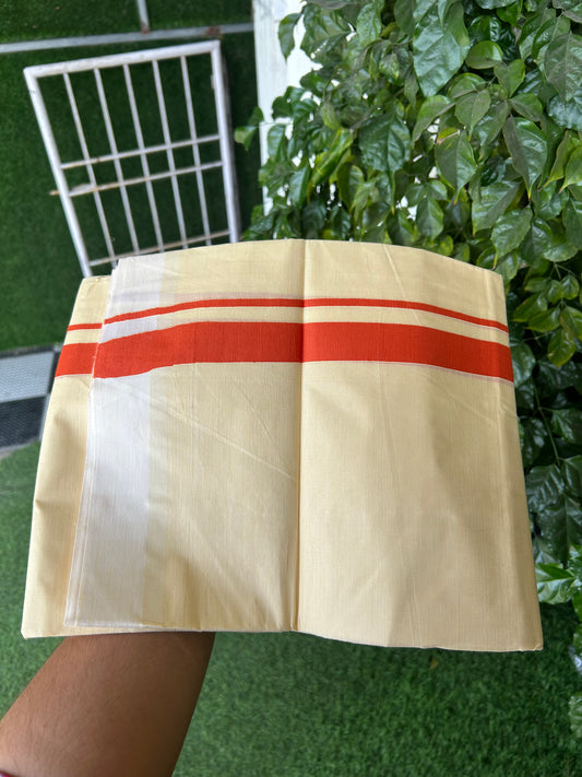 Kannur Kavi - 20% Discount! KaithariKada Balaramapuram  Double Mundu/Dhoti - Pure Cotton - 100x80 - Kannur Yellow colour Body 1 Inch Orange kara - 4 mtr - (8.5 muzham) - 17 KK5362 GAN