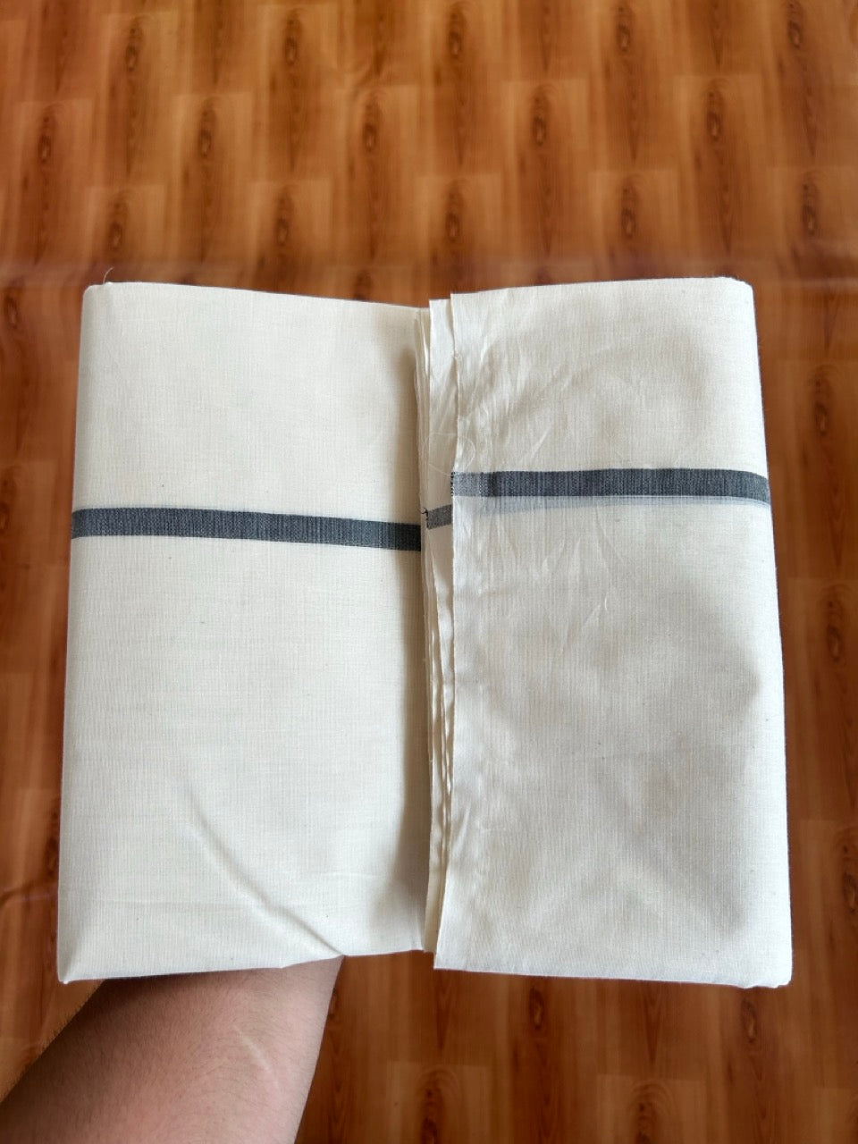 29% Offer! KaithariKada Balaramapuram 100% Cotton  Off White (Unbleached) Double Mundu/Dhoti- 100x100 Black & Ash Half & Half 0.25 Inch  - 2 KK5379 ASH