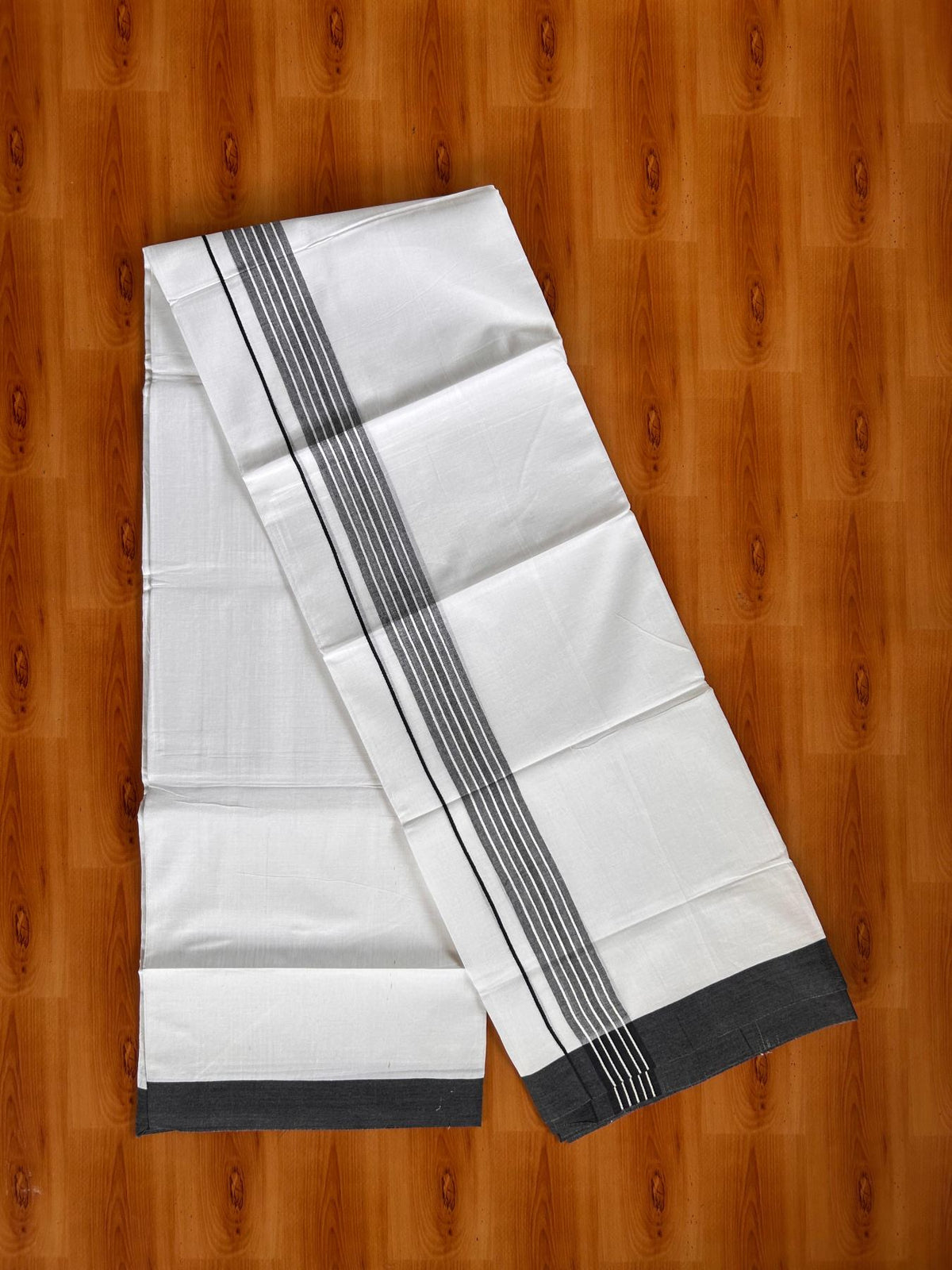 Double Pure White Mundu/Dhoti -20% Discount! KaithariKada 100% Cotton - 100x80 - 1.5 Inch Black Shaded Striped Kara - 3.80 mtr (8 muzham) - 49 KK5519 PMC