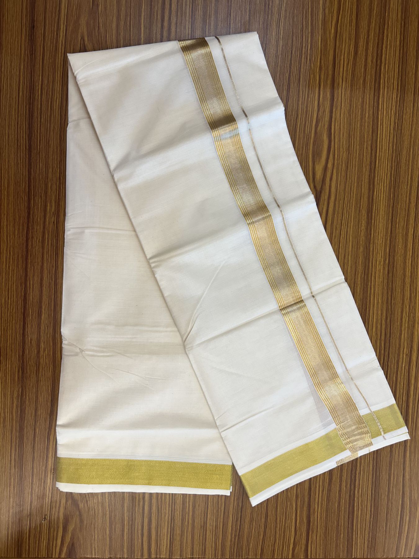20% Discount ! KaithariKada Balaramapuram - 100% Pure Cotton Off White - (Unbleached) Double Mundu/Dhoti - 100X80 - 1.5 inch Gold Kasav & Silver Kasav Striped Kara 4 mtr (8.5 muzham) - 22 KK5340 VIN