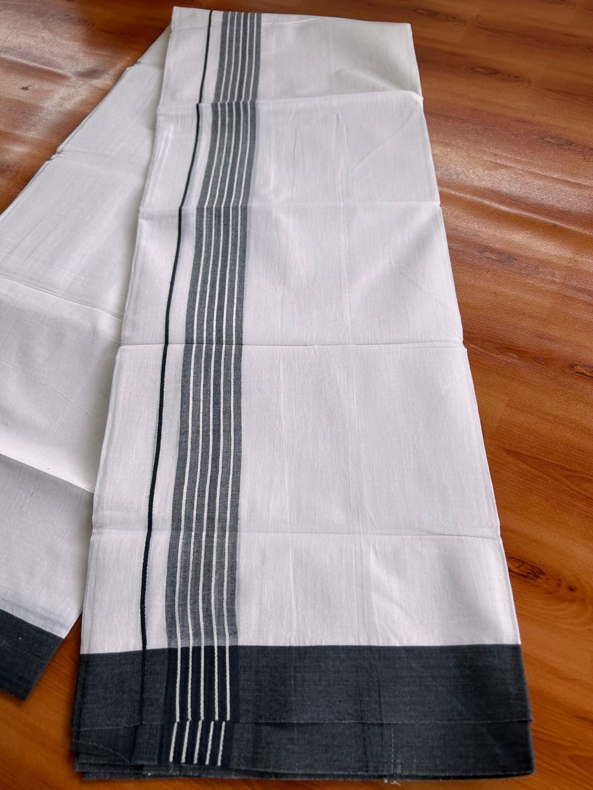 Double Pure White Mundu/Dhoti -20% Discount! KaithariKada 100% Cotton - 100x80 - 1.5 Inch Black Shaded Striped Kara - 3.80 mtr (8 muzham) - 49 KK5519 PMC