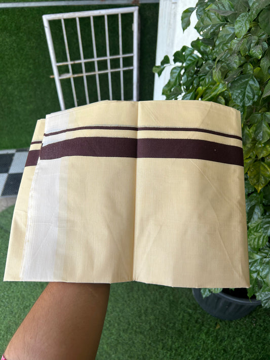 Kannur Kavi - 20% Discount! KaithariKada Balaramapuram  Double Mundu/Dhoti - Pure Cotton - 100x80 - Kannur Yellow colour Body 1 Inch Dark Brown kara - 4 mtr - (8.5 muzham) - 16 KK5362 GAN