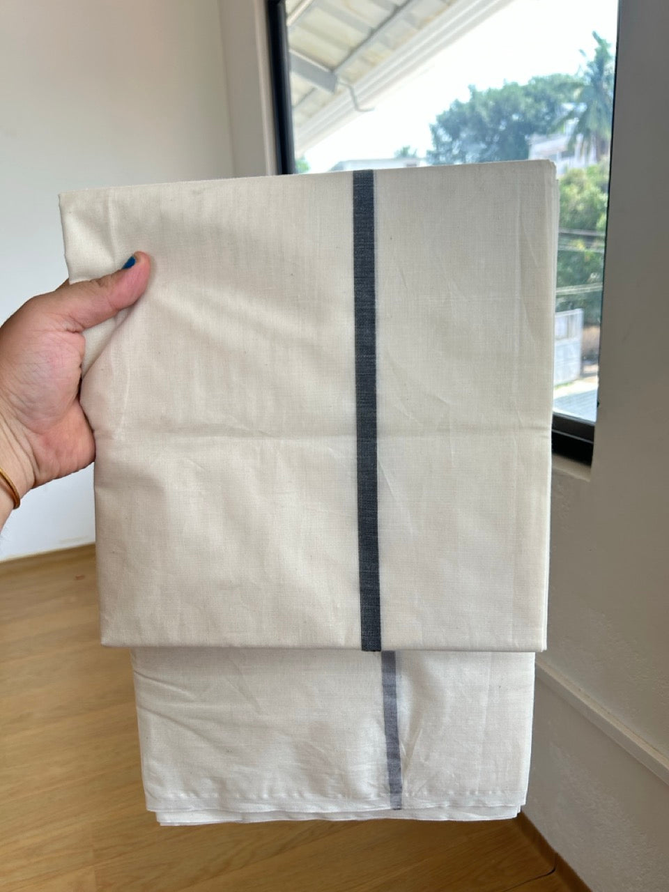 29% Offer! KaithariKada Balaramapuram 100% Cotton  Off White (Unbleached) Double Mundu/Dhoti- 100x100 Black & Ash Half & Half 0.25 Inch  - 2 KK5379 ASH