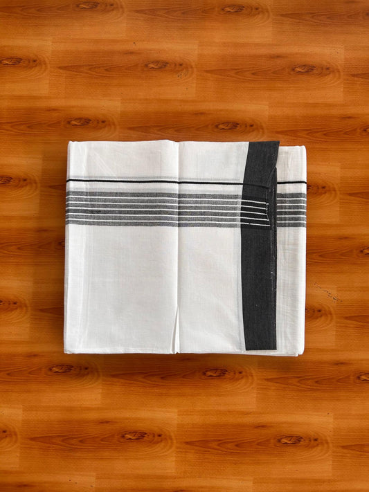Double Pure White Mundu/Dhoti -20% Discount! KaithariKada 100% Cotton - 100x80 - 1.5 Inch Black Shaded Striped Kara - 3.80 mtr (8 muzham) - 49 KK5519 PMC