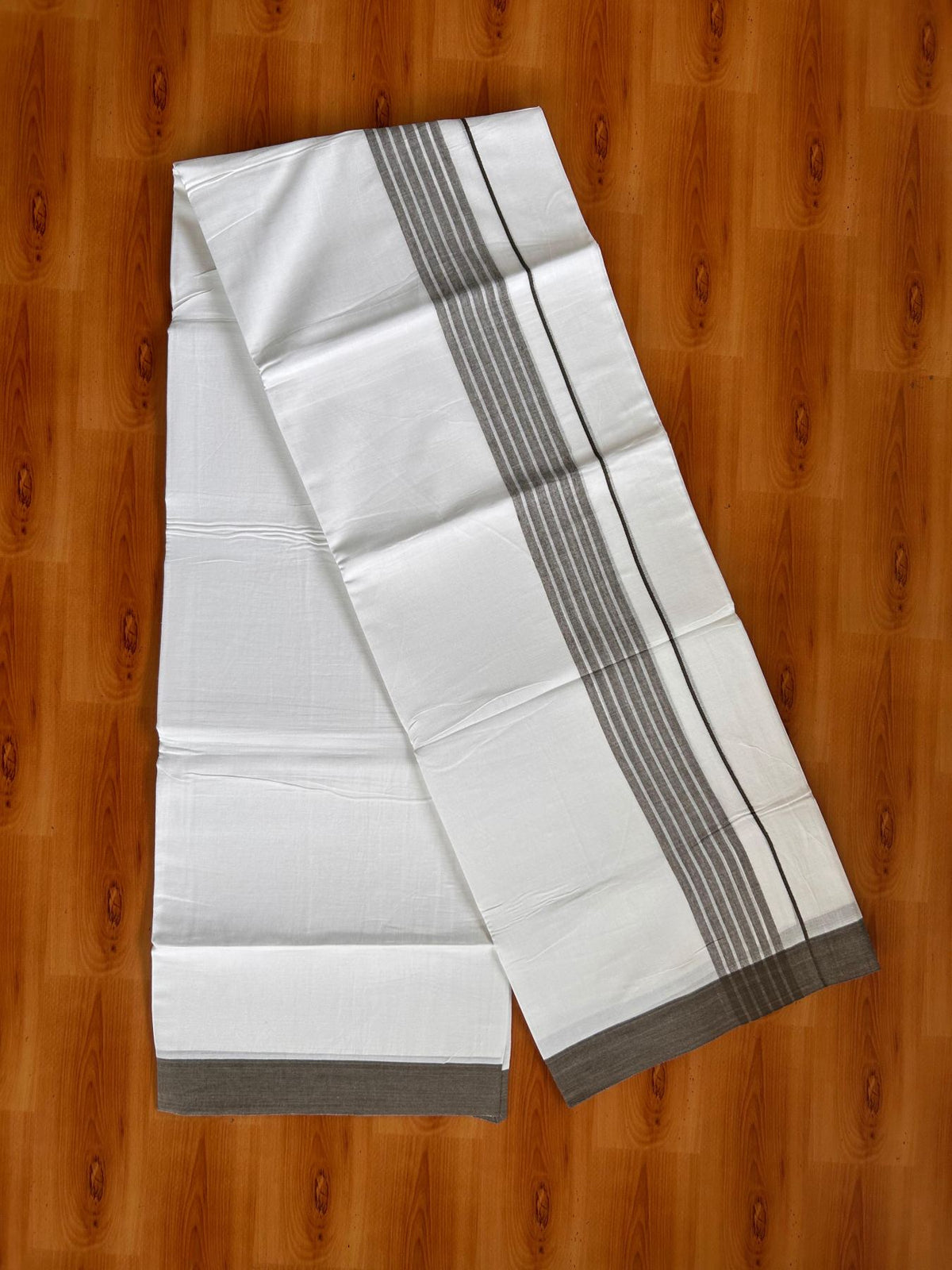 Double Pure White Mundu/Dhoti -20% Discount! KaithariKada 100% Cotton - 100x80 - 1.75 Inch Chocolate Brown Shaded Striped Kara - 3.80 mtr (8 muzham) - 50 KK5519 PMC