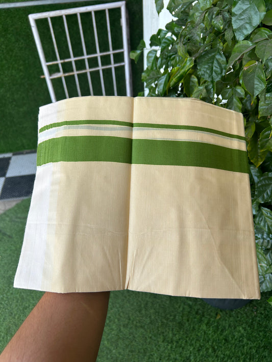 Kannur Kavi - 20% Discount! KaithariKada Balaramapuram  Double Mundu/Dhoti - Pure Cotton - 100x80 - Kannur Yellow colour Body 1.25 Inch Forest Green kara - 4 mtr - (8.5 muzham) - 14 KK5362 GAN