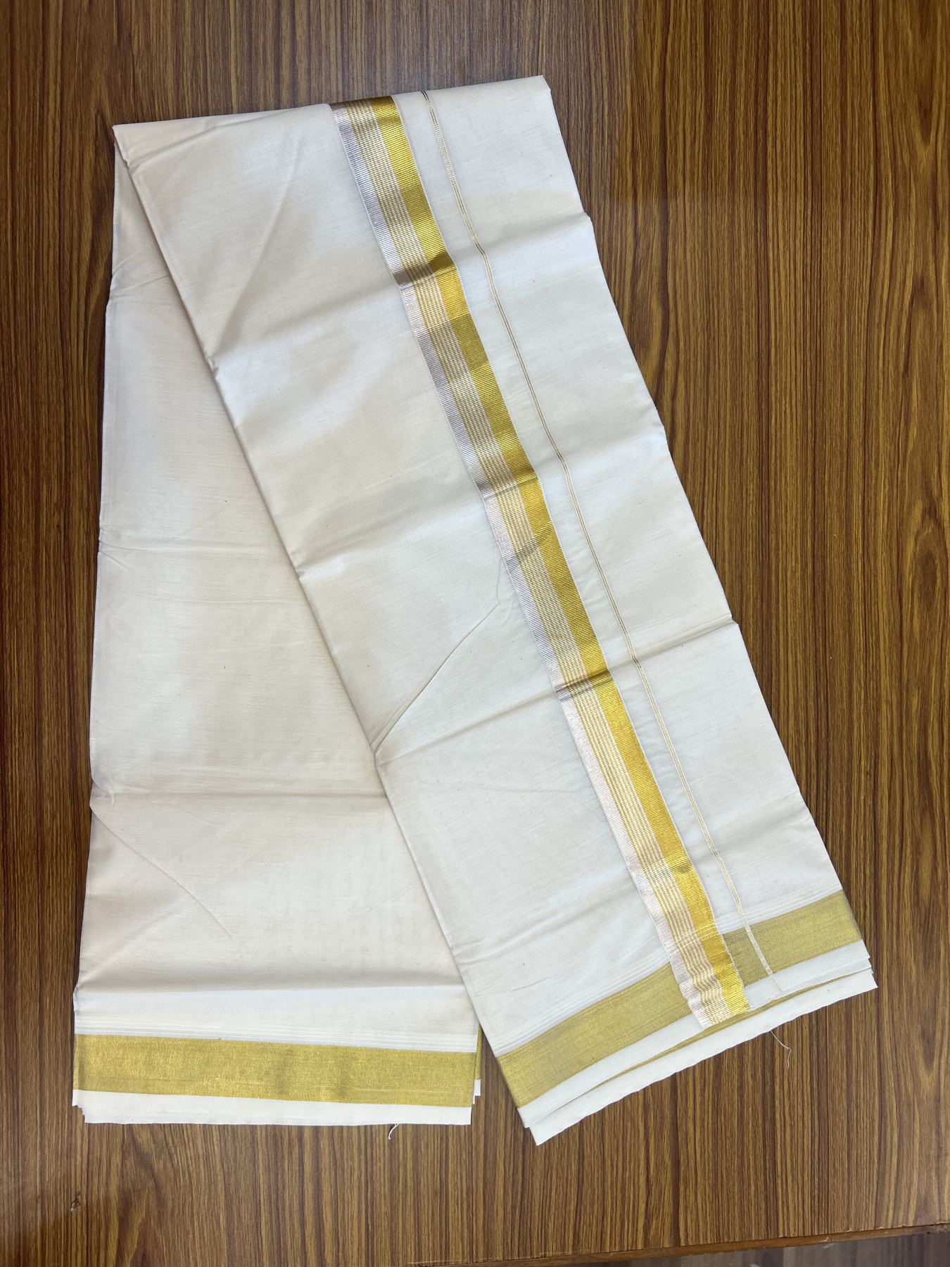 20% Discount ! KaithariKada Balaramapuram - 100% Pure Cotton Off White - (Unbleached) Double Mundu/Dhoti - 100X80 - 1.5 inch Gold Kasav & Silver Kasav Striped Kara 4 mtr (8.5 muzham) - 20 KK5340 VIN