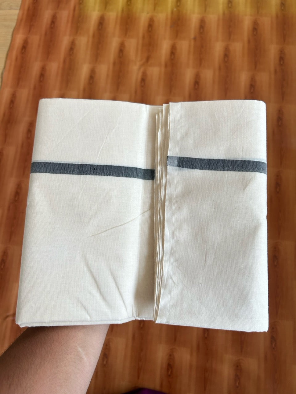 29% Offer! KaithariKada Balaramapuram 100% Cotton  Off White (Unbleached) Double Mundu/Dhoti- 100x100 Black & Ash Half & Half 0.25 Inch  - 2 KK5379 ASH