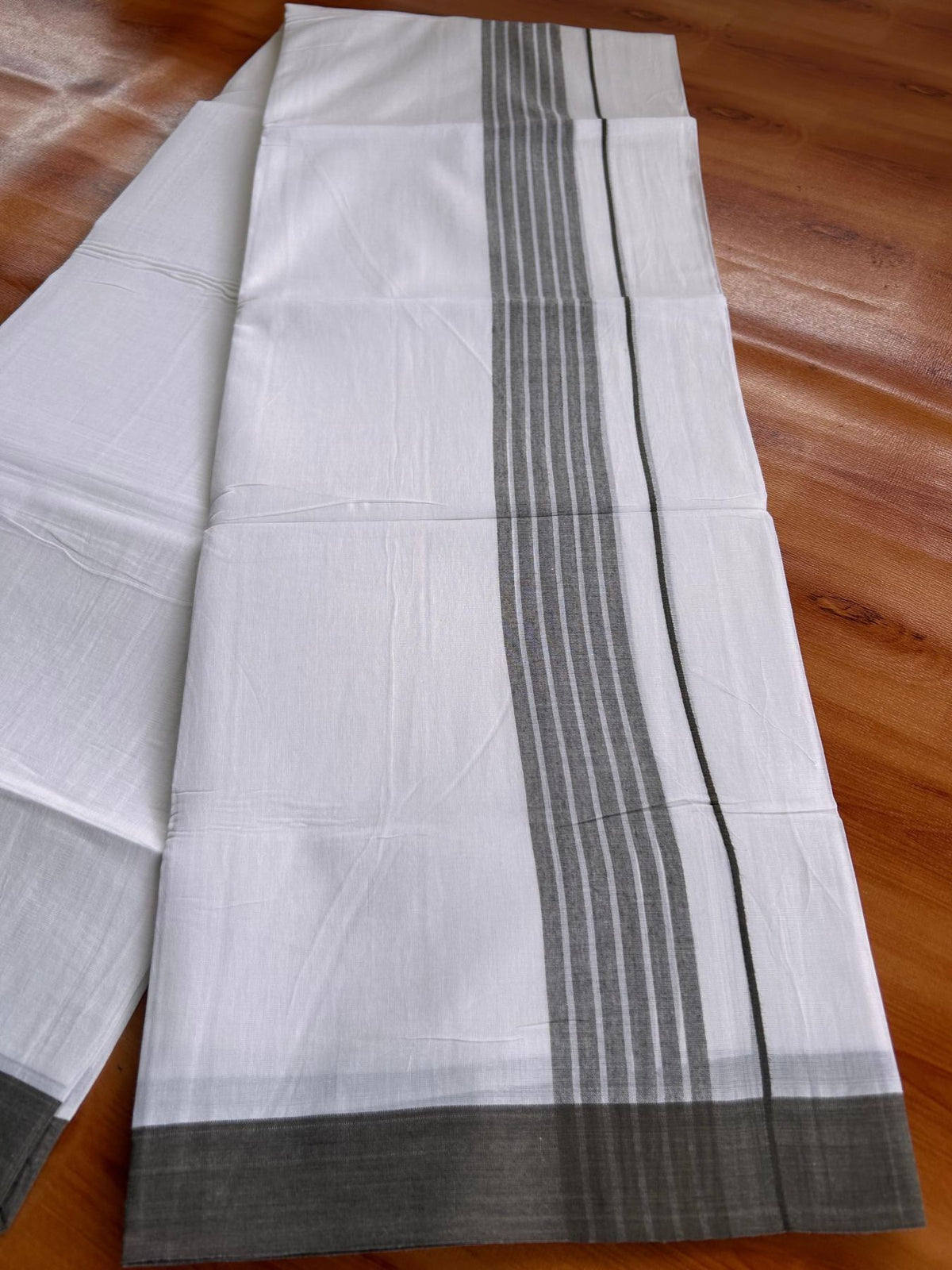Double Pure White Mundu/Dhoti -20% Discount! KaithariKada 100% Cotton - 100x80 - 1.75 Inch Chocolate Brown Shaded Striped Kara - 3.80 mtr (8 muzham) - 50 KK5519 PMC