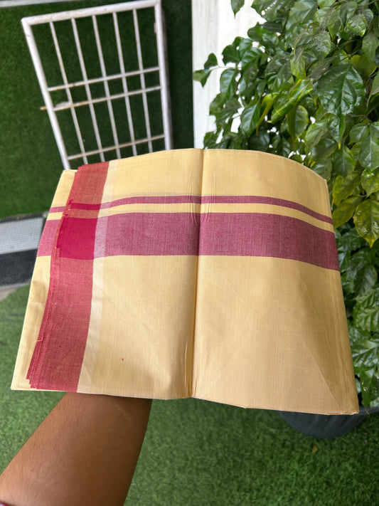Kannur Kavi - 20% Discount! KaithariKada Balaramapuram  Double Mundu/Dhoti - Pure Cotton - 100x80 - Kannur Yellow colour Body 1.75 Inch Dark Rose Pink Shaded kara - 4 mtr - (8.5 muzham) - 13 KK5362 GAN