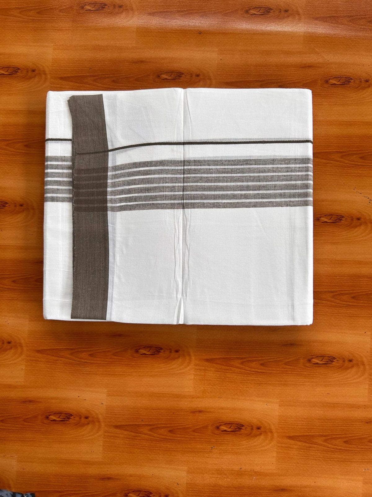 Double Pure White Mundu/Dhoti -20% Discount! KaithariKada 100% Cotton - 100x80 - 1.75 Inch Chocolate Brown Shaded Striped Kara - 3.80 mtr (8 muzham) - 50 KK5519 PMC