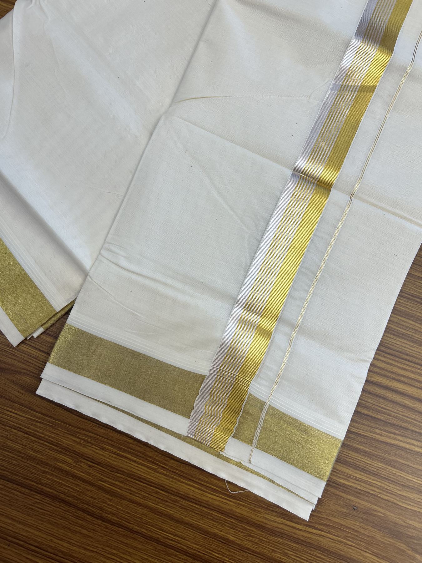 20% Discount ! KaithariKada Balaramapuram - 100% Pure Cotton Off White - (Unbleached) Double Mundu/Dhoti - 100X80 - 1.5 inch Gold Kasav & Silver Kasav Striped Kara 4 mtr (8.5 muzham) - 20 KK5340 VIN