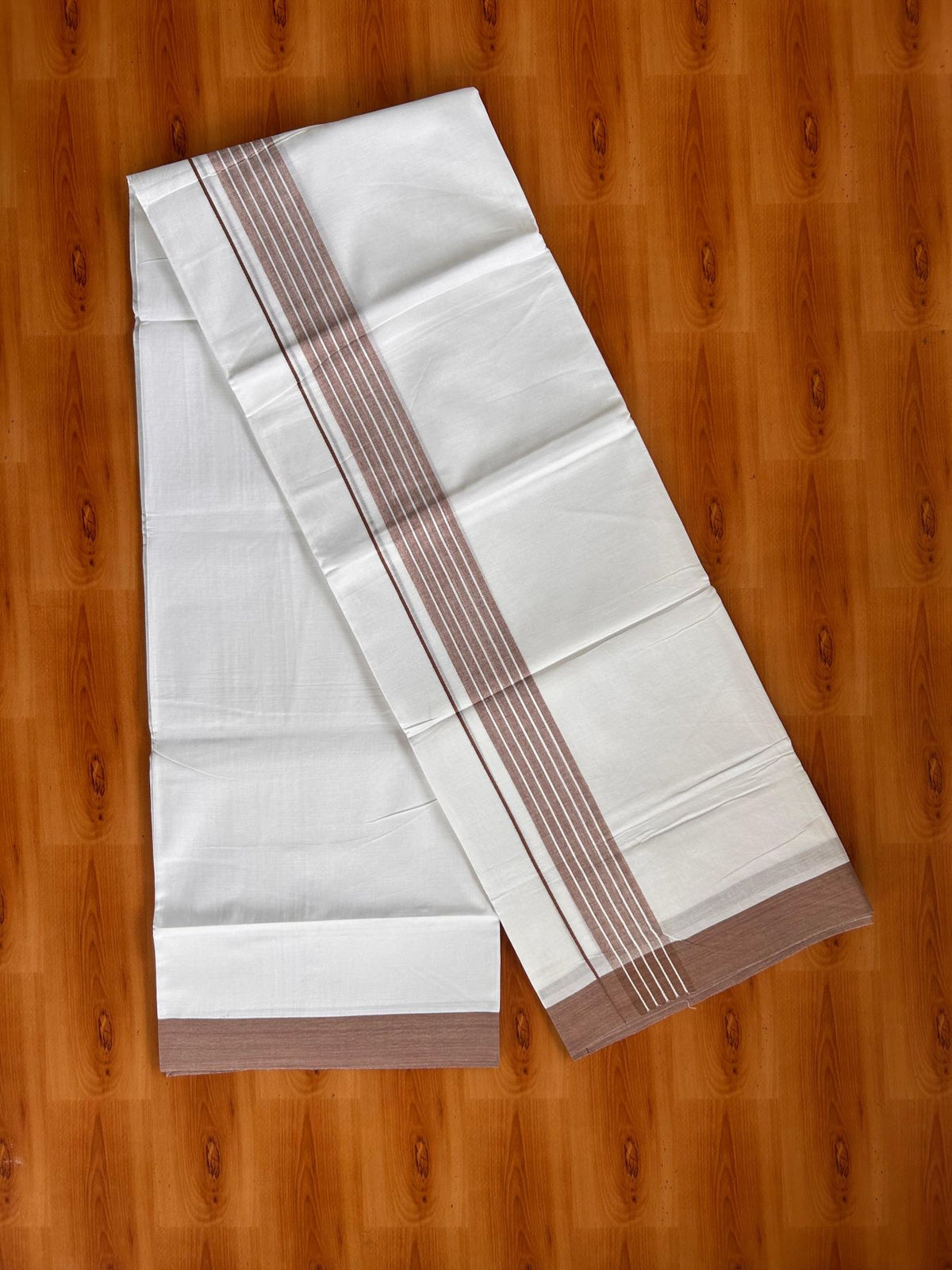 Double Pure White Mundu/Dhoti -20% Discount! KaithariKada 100% Cotton - 100x80 - 1.75 Inch Brown Shaded Striped Kara - 3.80 mtr (8 muzham) - 51 KK5519 PMC