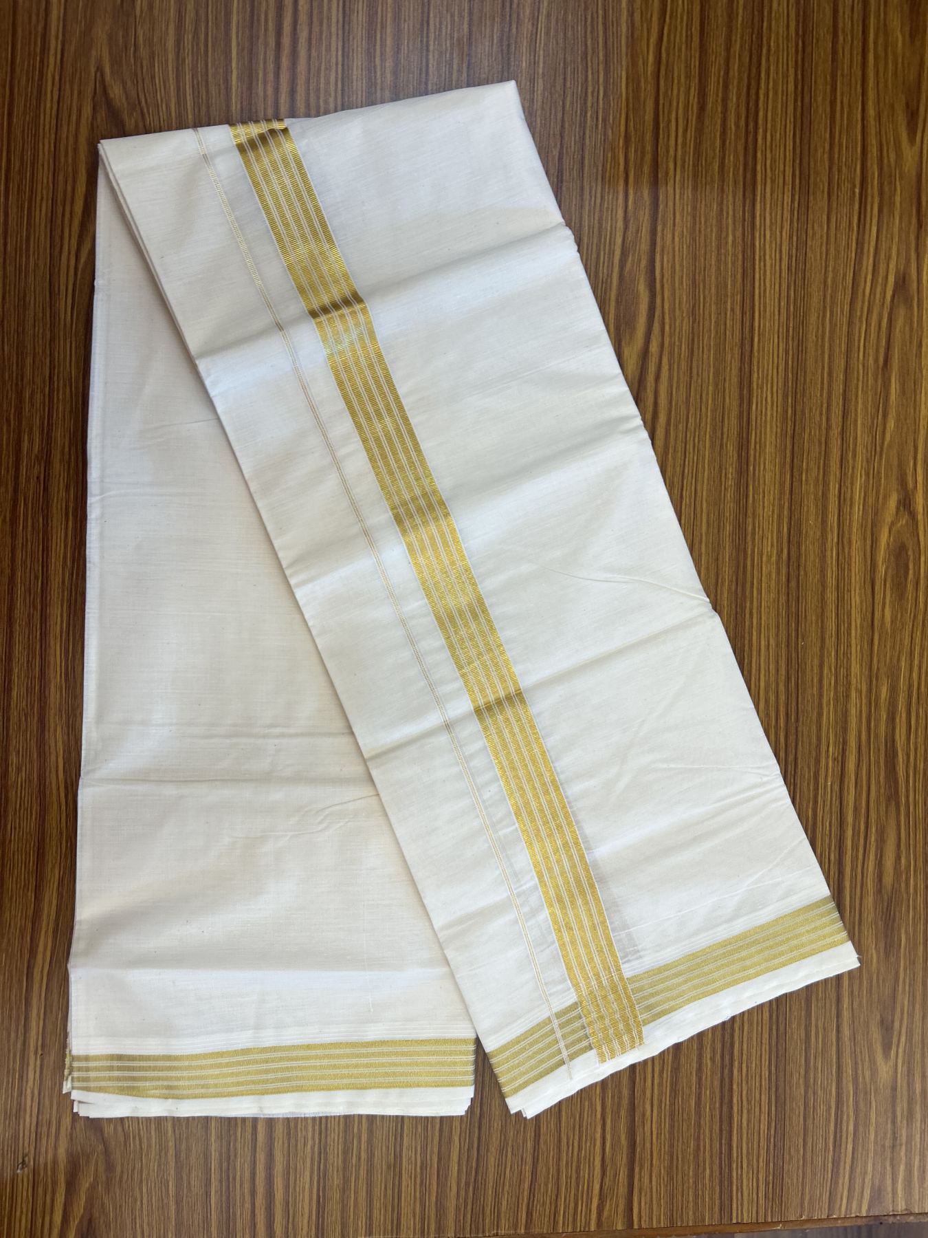 20% Discount ! KaithariKada Balaramapuram - 100% Pure Cotton Off White - (Unbleached) Double Mundu/Dhoti - 100X80 - 1.5 inch Gold Kasav Striped Kara 4 mtr (8.5 muzham) - 8 KK5340 VIN
