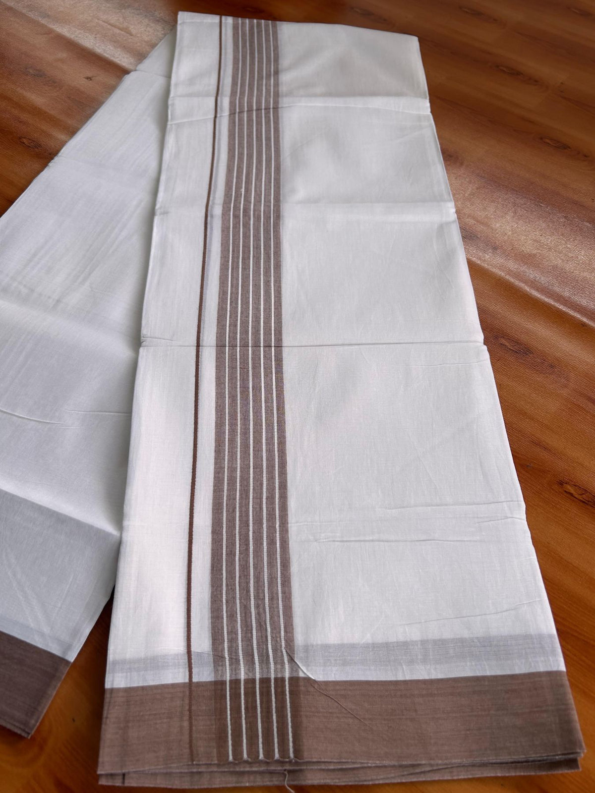Double Pure White Mundu/Dhoti -20% Discount! KaithariKada 100% Cotton - 100x80 - 1.75 Inch Brown Shaded Striped Kara - 3.80 mtr (8 muzham) - 51 KK5519 PMC