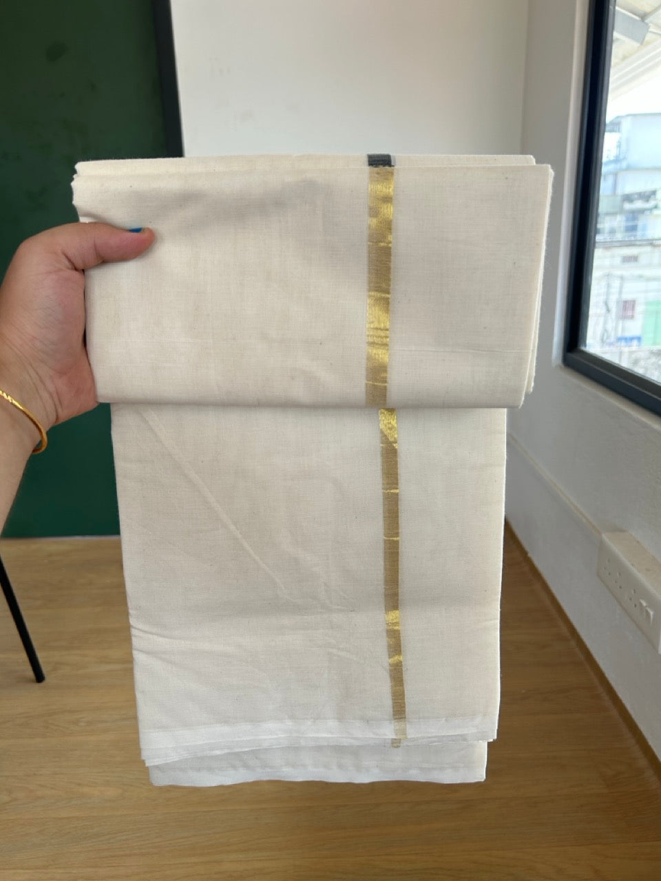 29% Offer! KaithariKada Balaramapuram 100% Cotton  Off White (Unbleached) Double Mundu/Dhoti- 100x100 Black & Kasav Half & Half 0.25 Inch  - 1 KK5379 ASH