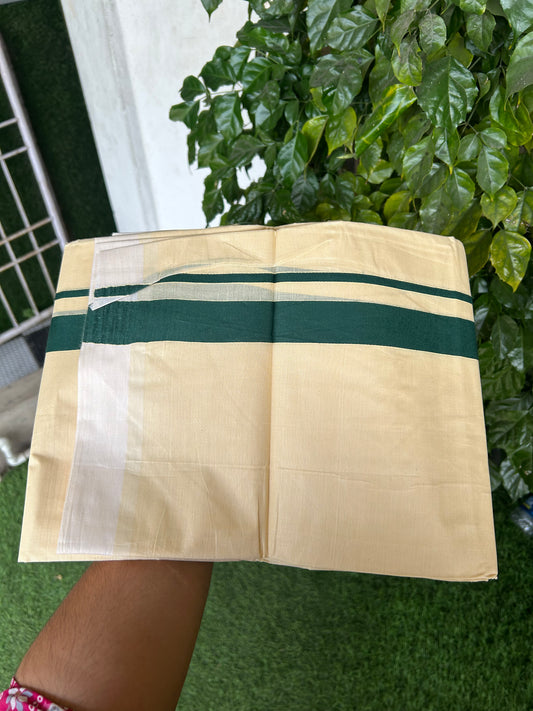 Kannur Kavi - 20% Discount! KaithariKada Balaramapuram  Double Mundu/Dhoti - Pure Cotton - 100x80 - Kannur Yellow colour Body 1.5 Inch Dark Green kara - 4 mtr - (8.5 muzham) - 10 KK5362 GAN