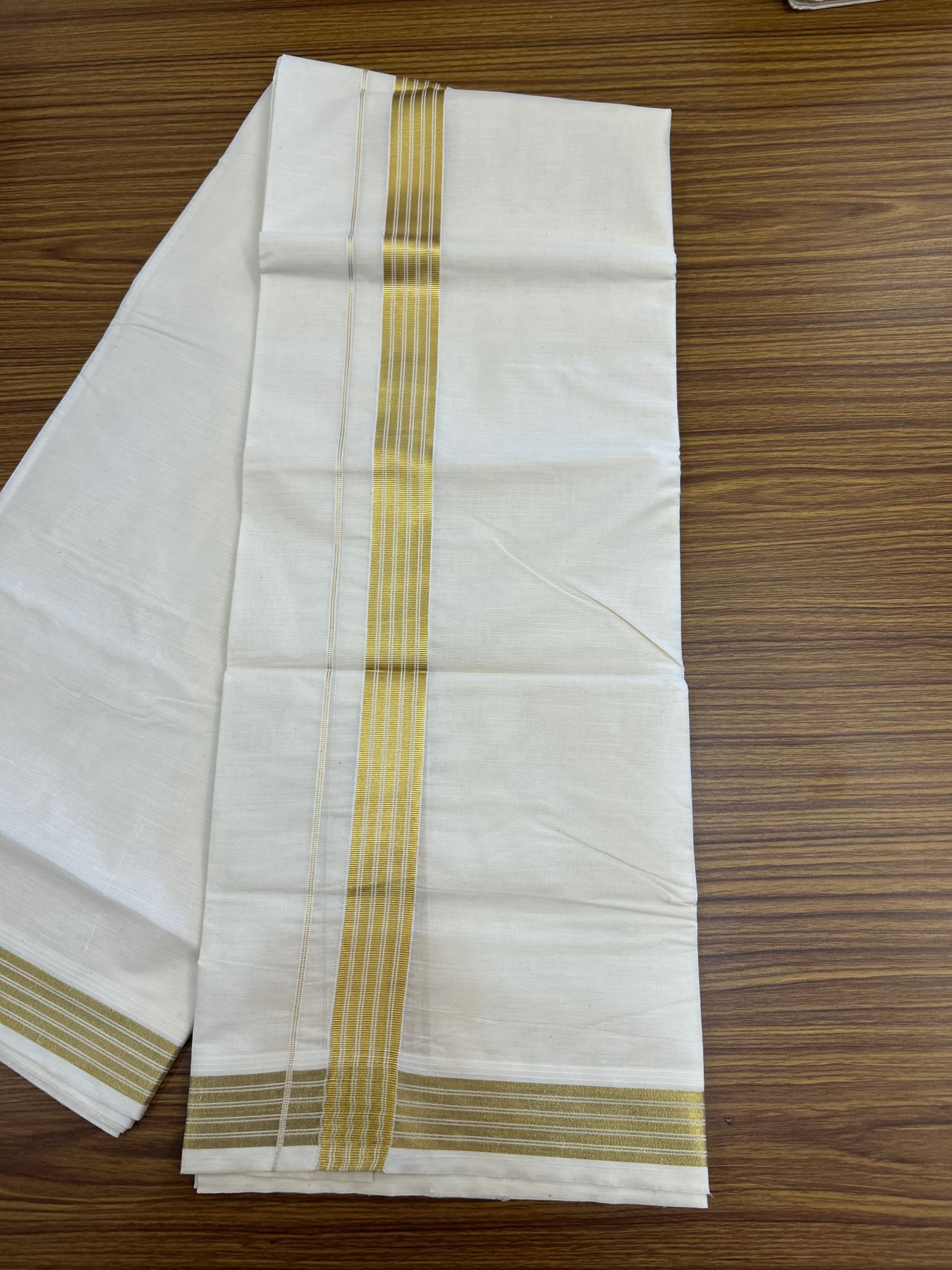 20% Discount ! KaithariKada Balaramapuram - 100% Pure Cotton Off White - (Unbleached) Double Mundu/Dhoti - 100X80 - 1.5 inch Gold Kasav Striped Kara 4 mtr (8.5 muzham) - 8 KK5340 VIN