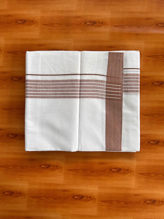 Double Pure White Mundu/Dhoti -20% Discount! KaithariKada 100% Cotton - 100x80 - 1.75 Inch Brown Shaded Striped Kara - 3.80 mtr (8 muzham) - 51 KK5519 PMC