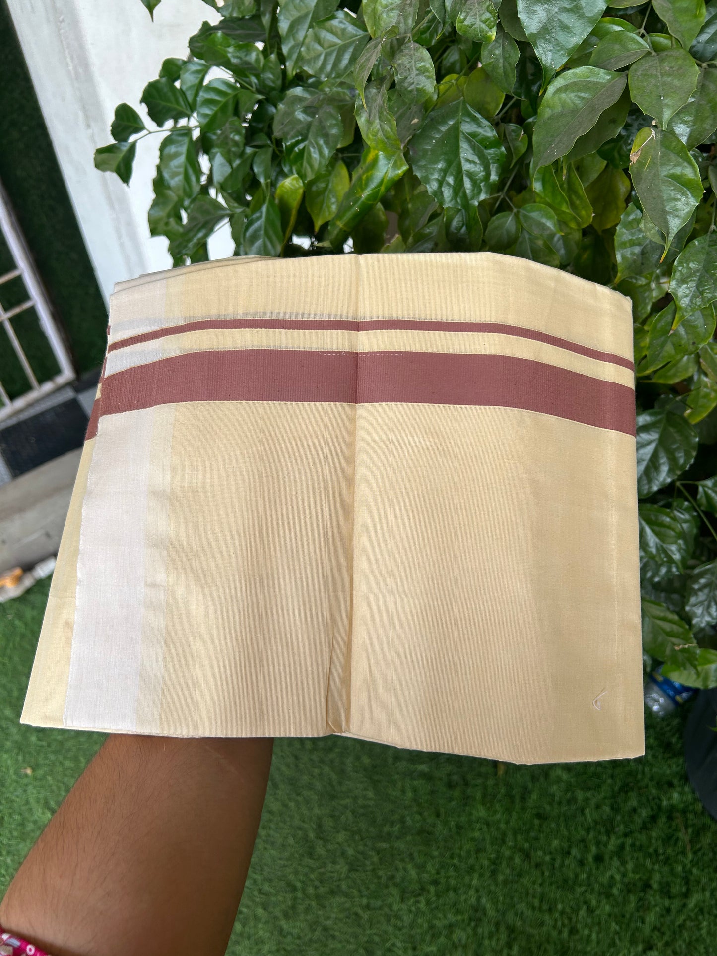 Kannur Kavi - 20% Discount! KaithariKada Balaramapuram  Double Mundu/Dhoti - Pure Cotton - 100x80 - Kannur Yellow colour Body 1 Inch Dusty Ranch Brown kara - 4 mtr - (8.5 muzham) - 9 KK5362 GAN