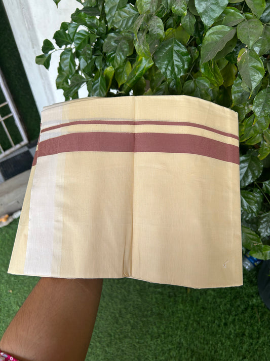 Kannur Kavi - 20% Discount! KaithariKada Balaramapuram  Double Mundu/Dhoti - Pure Cotton - 100x80 - Kannur Yellow colour Body 1 Inch Dusty Ranch Brown kara - 4 mtr - (8.5 muzham) - 9 KK5362 GAN