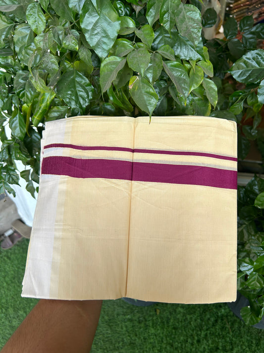 Kannur Kavi - 20% Discount! KaithariKada Balaramapuram  Double Mundu/Dhoti - Pure Cotton - 100x80 - Kannur Yellow colour Body 1 Inch Wine Purple kara - 4 mtr - (8.5 muzham) - 7 KK5362 GAN