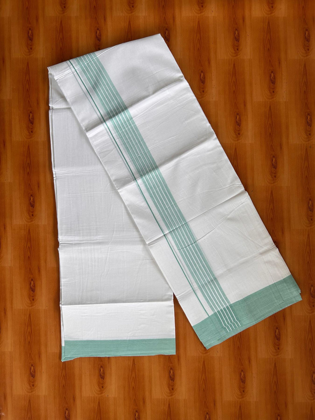 Double Pure White Mundu/Dhoti -20% Discount! KaithariKada 100% Cotton - 100x80 - 1.5 Inch Light Turquoise Shaded Striped Kara - 3.80 mtr (8 muzham) - 52 KK5519 PMC