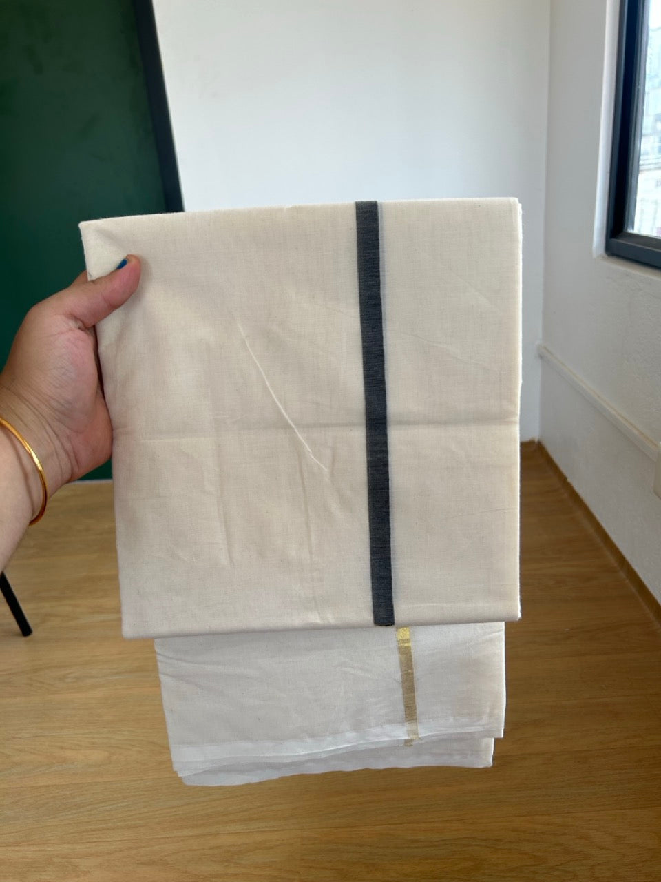 29% Offer! KaithariKada Balaramapuram 100% Cotton  Off White (Unbleached) Double Mundu/Dhoti- 100x100 Black & Kasav Half & Half 0.25 Inch  - 1 KK5379 ASH