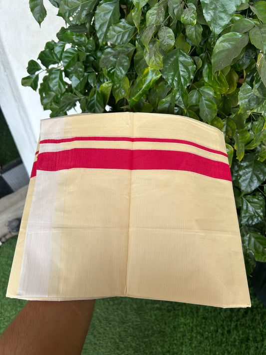 Kannur Kavi - 20% Discount! KaithariKada Balaramapuram  Double Mundu/Dhoti - Pure Cotton - 100x80 - Kannur Yellow colour Body 1 Inch Red kara - 4 mtr - (8.5 muzham) - 8 KK5362 GAN