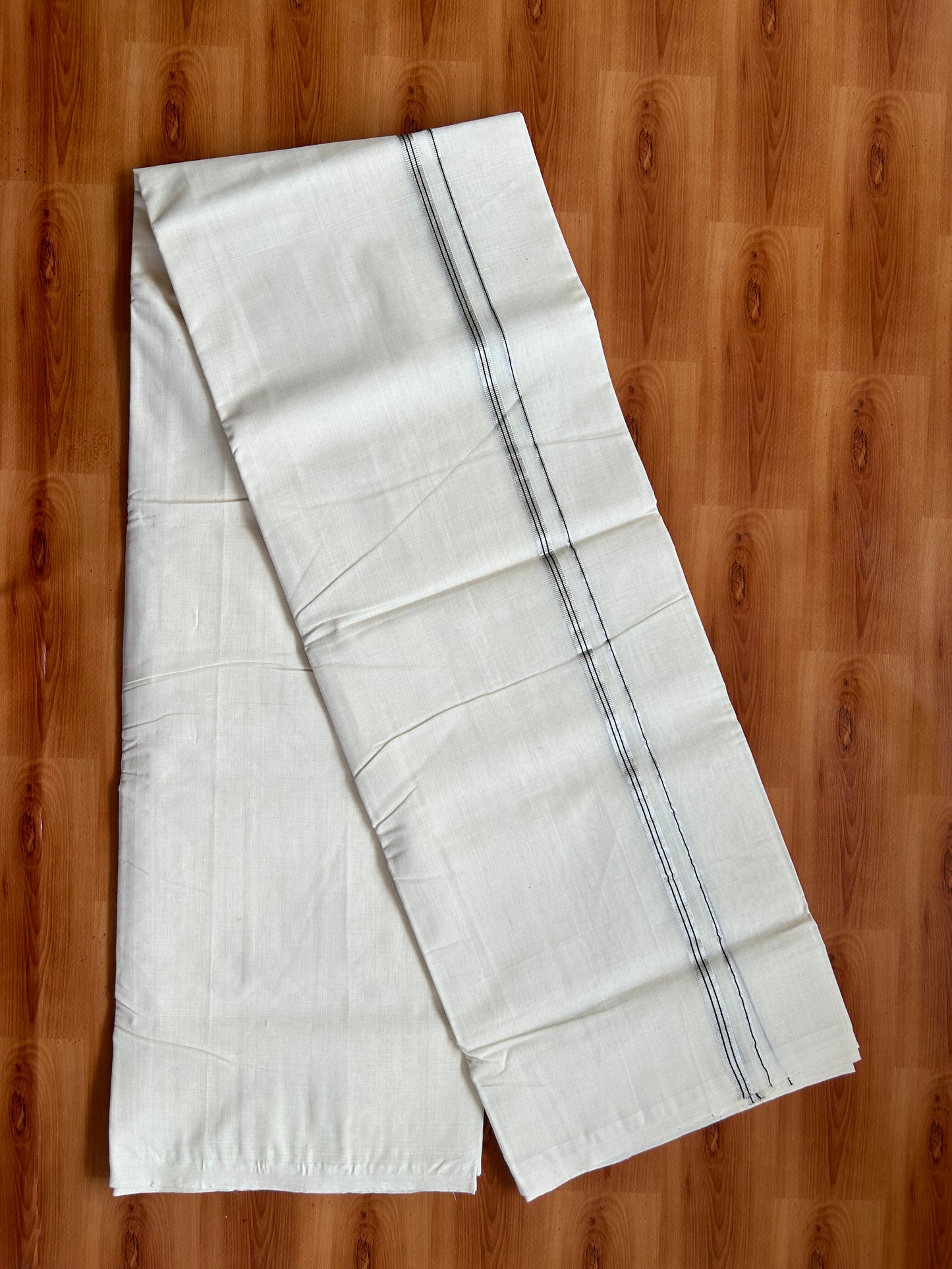 25% Discount ! KaithariKada Handloom Millpaav - Kerala Handloom - 100% Pure Cotton Off White (Unbleached) Double Mundu/Dothi - 100x80 - 0.5 inch Silver Kasav & Black Striped Kara   3.80 Meters (8 Muzham) - 13 KK5380 SOM