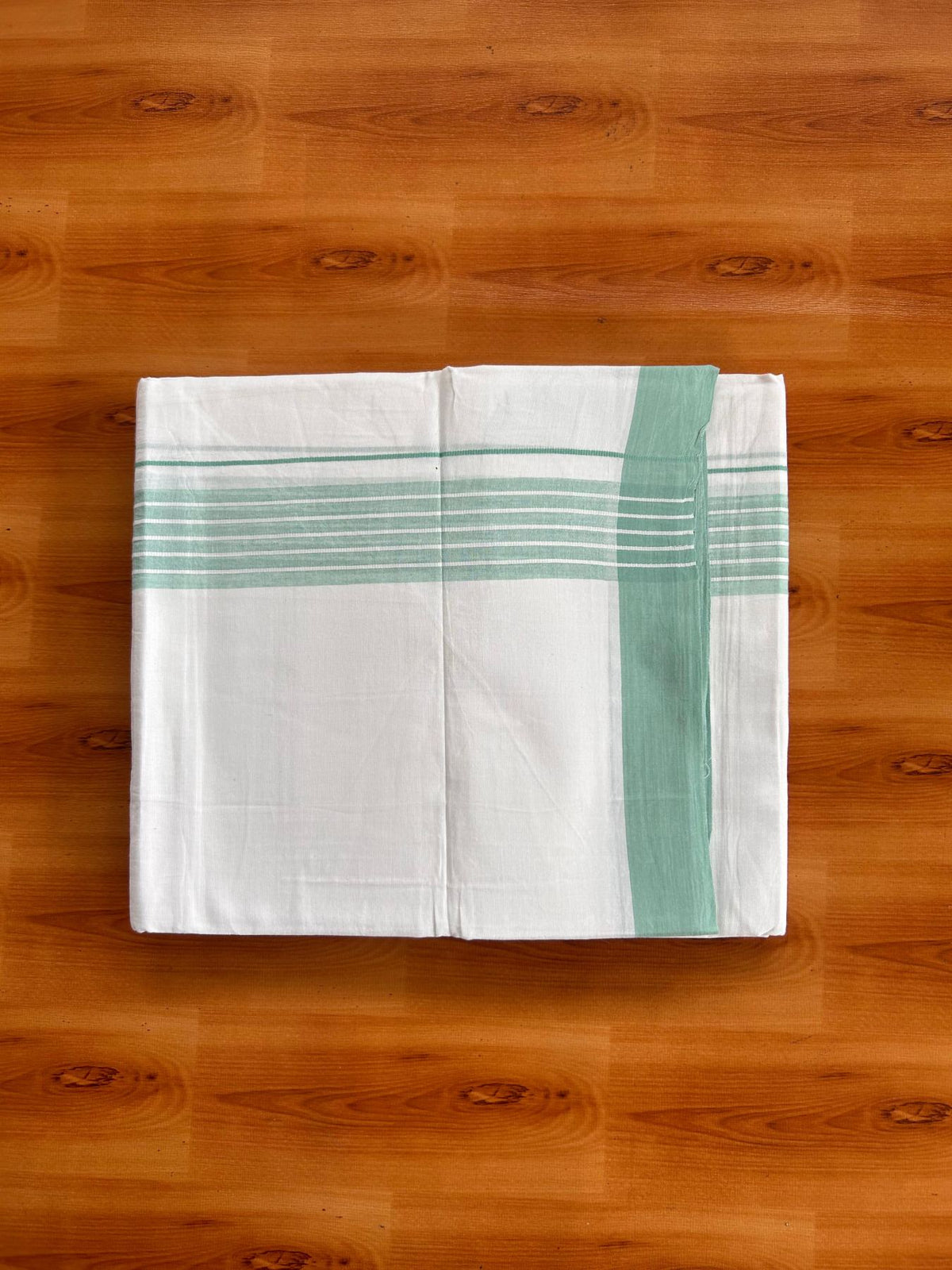 Double Pure White Mundu/Dhoti -20% Discount! KaithariKada 100% Cotton - 100x80 - 1.5 Inch Light Turquoise Shaded Striped Kara - 3.80 mtr (8 muzham) - 52 KK5519 PMC