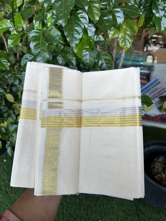 20% Discount ! KaithariKada Balaramapuram - 100% Pure Cotton Off White - (Unbleached) Double Mundu/Dhoti - 100X80 - 1.5 inch Gold Kasav & Silver Kasav Striped Kara 4 mtr (8.5 muzham) - 12 KK5340 VIN