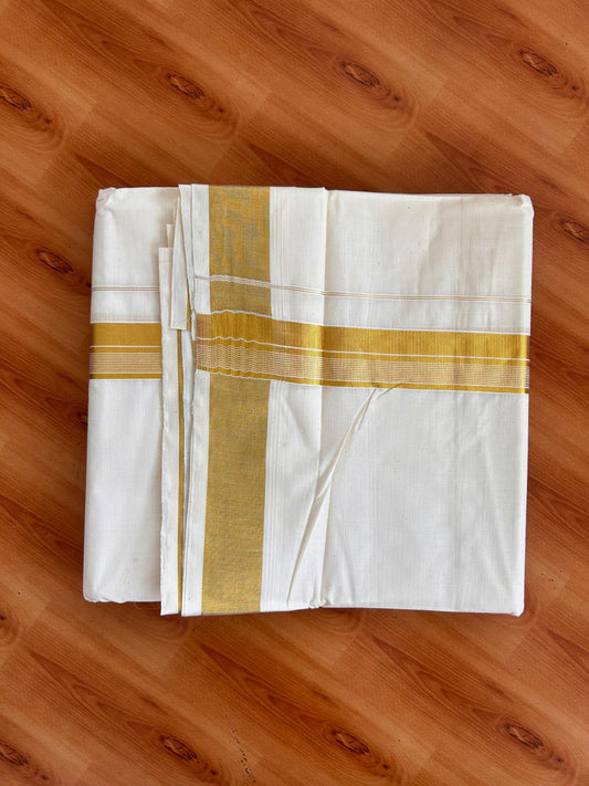 Off White (Unbleached) Double Mundu/Dhoti - 20% Discount ! KaithariKada - Pure cotton - 100x80 - 1.5 inch Gold Kasav Striped Kara 4 mtr (8.5 muzham) - 8 KK5514 VIN
