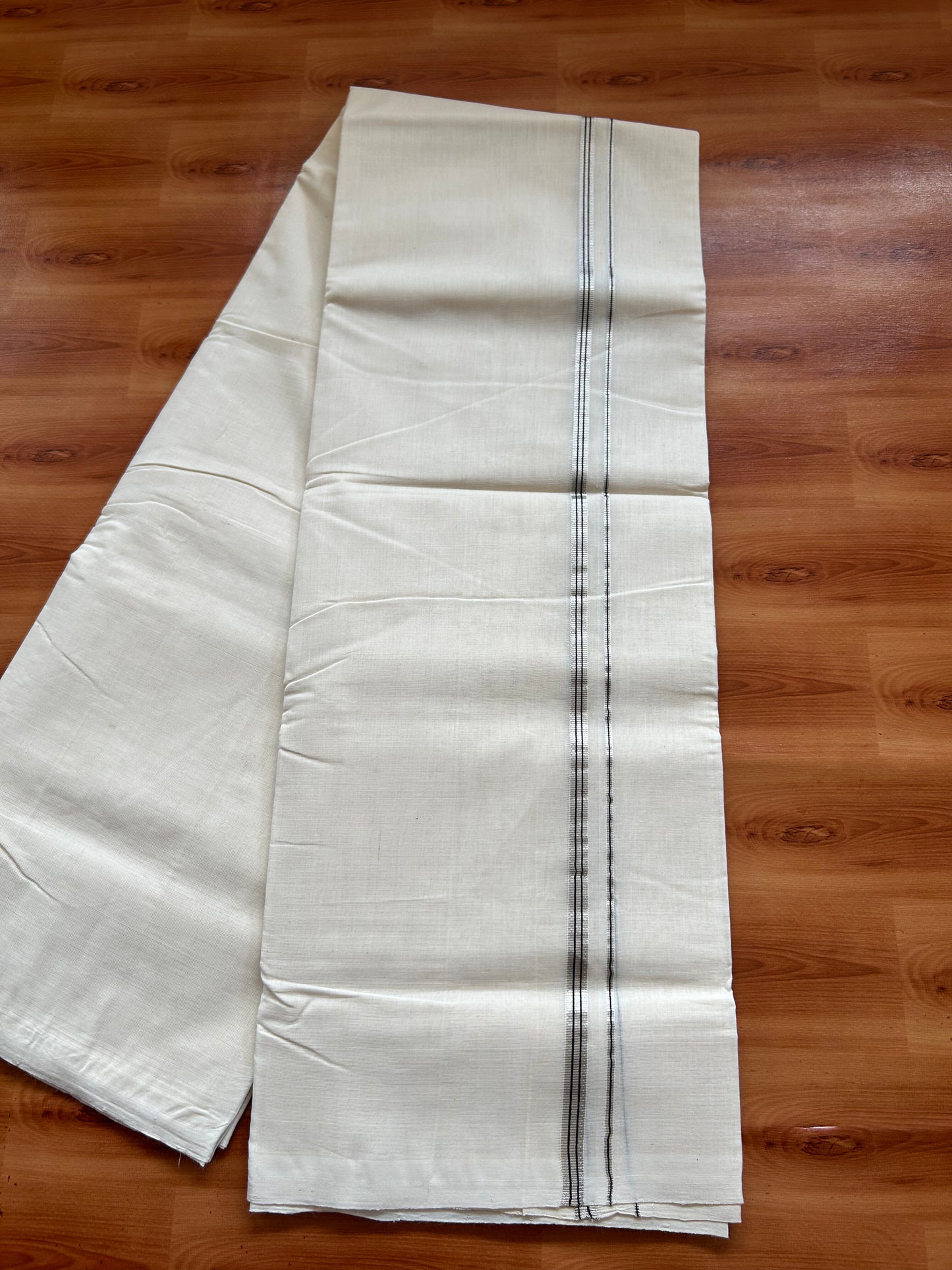 25% Discount ! KaithariKada Handloom Millpaav - Kerala Handloom - 100% Pure Cotton Off White (Unbleached) Double Mundu/Dothi - 100x80 - 0.5 inch Silver Kasav & Black Striped Kara   3.80 Meters (8 Muzham) - 13 KK5380 SOM