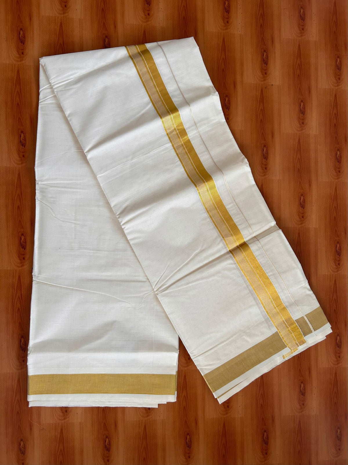 Off White (Unbleached) Double Mundu/Dhoti - 20% Discount ! KaithariKada - Pure cotton - 100x80 - 1.5 inch Gold Kasav Striped Kara 4 mtr (8.5 muzham) - 8 KK5514 VIN
