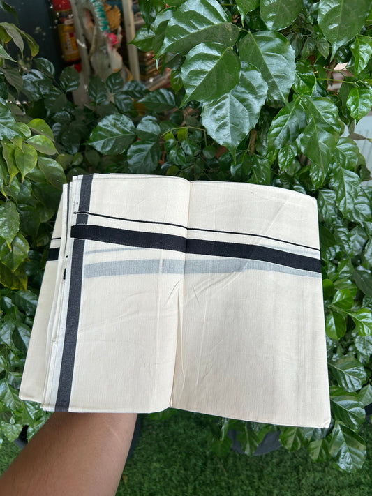 20% Discount! KaithariKada Balaramapuram 100% Cotton Double Off white - (Unbleached) - Mundu/Dhoti  (80s) - 1.5 cm Black Kara 4 mtr (8.5 muzham) - 45 KK5362 GAN