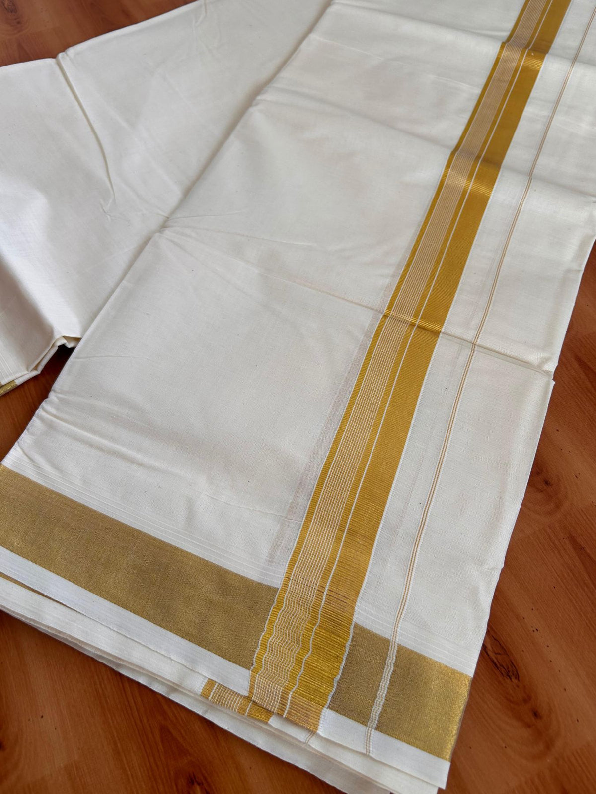 Off White (Unbleached) Double Mundu/Dhoti - 20% Discount ! KaithariKada - Pure cotton - 100x80 - 1.5 inch Gold Kasav Striped Kara 4 mtr (8.5 muzham) - 8 KK5514 VIN
