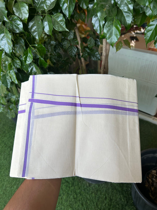 20% Discount! KaithariKada Balaramapuram 100% Cotton Double Off white - (Unbleached) - Mundu/Dhoti  (80s) - 1 cm Violet Kara 4 mtr (8.5 muzham) - 51 KK5362 GAN